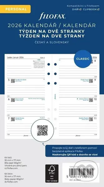 FILOFAX kalendář 2026 osobní, týden/2 str, linky, ČJ+SJ