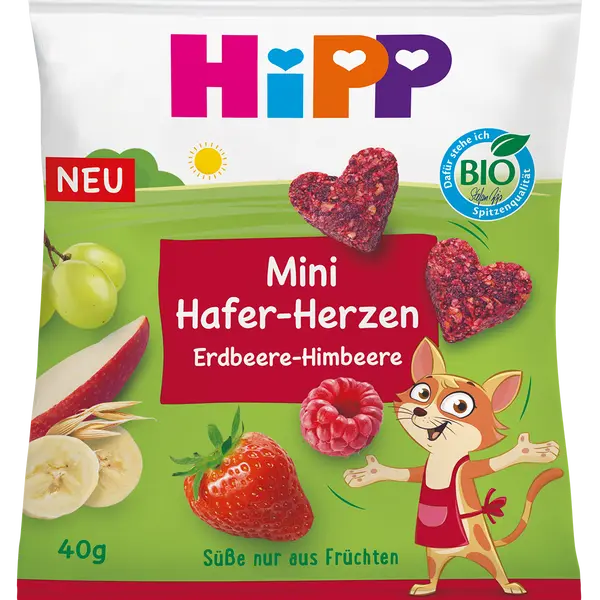HIPP BIO Ovocno-obilná srdíčka Jahoda-Malina 40 g