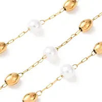 304 Stainless Steel Barrel Bead & ABS Plastic Pearl Round Bead Cable Chains