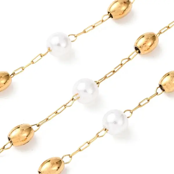 304 Stainless Steel Barrel Bead & ABS Plastic Pearl Round Bead Cable Chains