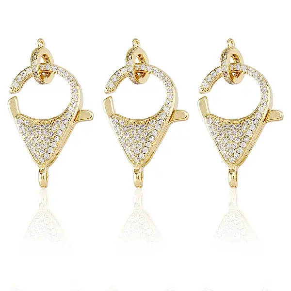 3Pcs Brass Micro Pave Clear Cubic Zirconia Lobster Claw Clasp