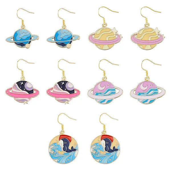5 Pair 5 Style Golden Plated Alloy Enamel Planet Dangle Earrings with Iron Pins