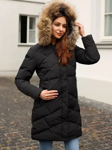 PERSO Woman's Quilted women's winter jacket with real fur on the hood