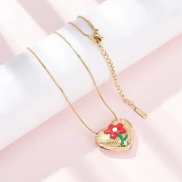 304 Stainless Steel Enamel Heart with Flower Pendant Necklaces for Women