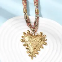 304 Stainless Steel Heart Pendant Printed Silk Ribbon Necklaces for Women