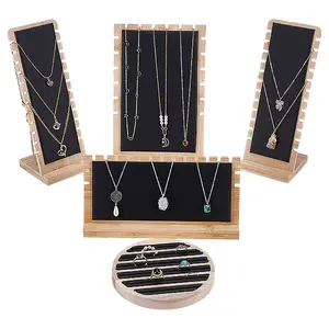 4 Styles Bamboo Necklace Organizer Display L Shaped Stands & Rings Display Tray