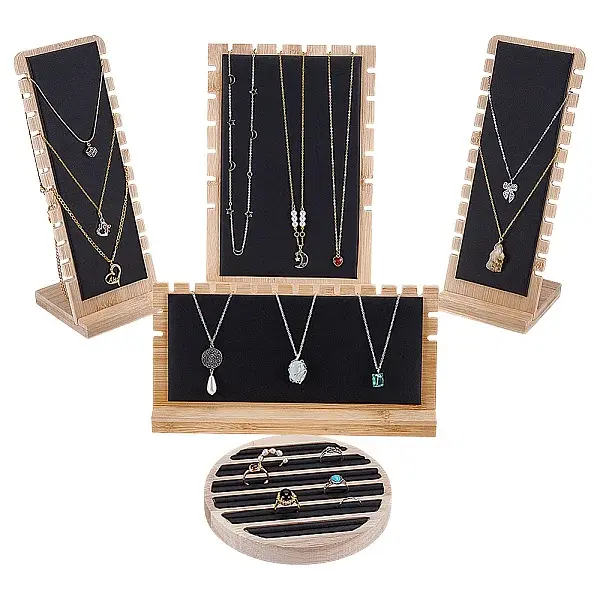 4 Styles Bamboo Necklace Organizer Display L Shaped Stands & Rings Display Tray