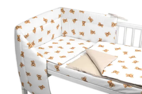 Baby Nellys Mantinel s povlečením do postýlky, 3D sada Bavlna, Míša - bílá s potiskem