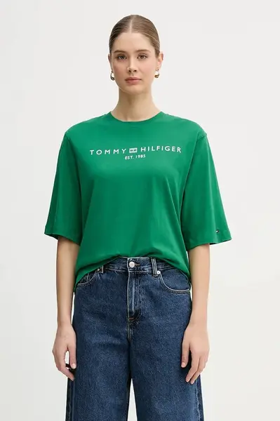 Bavlněné tričko Tommy Hilfiger dámské, zelená barva, WW0WW47811