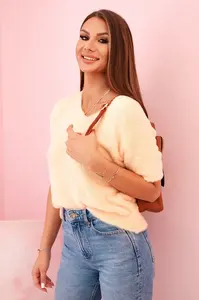 Kesi Włoski Dámský svetr z měkkého chlupu s výstřihem do V krátký rukáv meruňkový