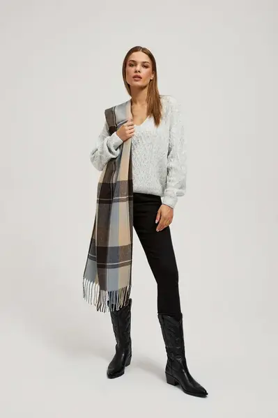 Marisse Brown Checkered Scarf With Fringes