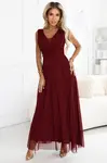 637-1 Long evening dress with a brocade accent and a deep neckline - burgundy