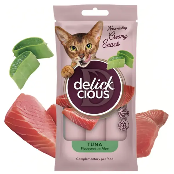 DELICKCIOUS™. Krémové pochúťky – tuniak s aloe. Pre mačky 4x15 g (1605)