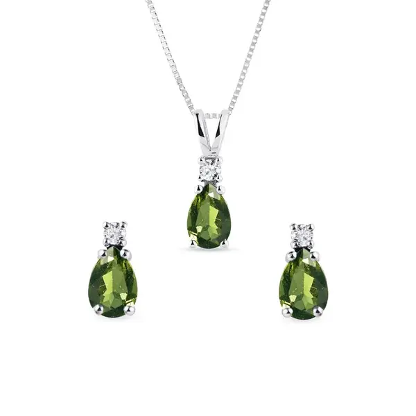 Súprava šperkov z bieleho zlata s vltavínmi a diamantmi KLENOTA