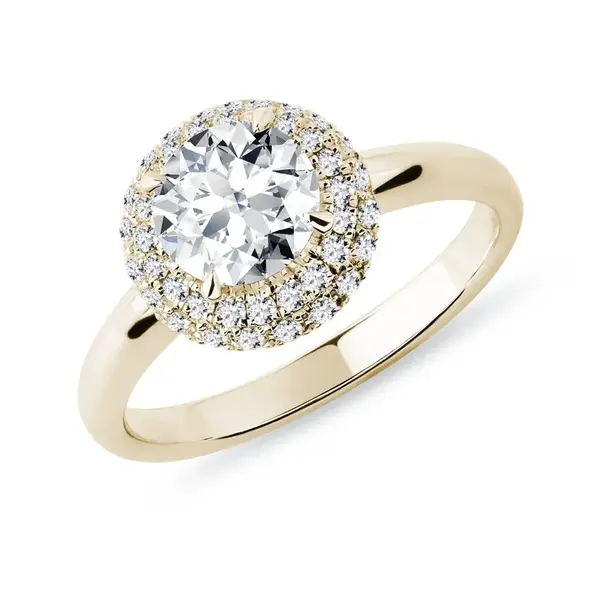 Luxusný diamantový prsteň halo zo žltého 14k zlata KLENOTA