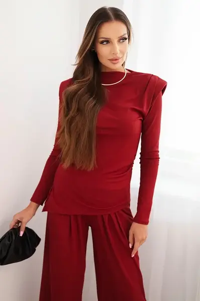 Kesi Włoski Dámská souprava z bavlny s blůzou a kalhotami s širokým nohavicí bordový