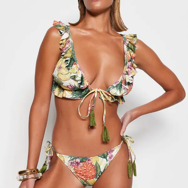 Trendyol Tropical Patterned Triangle Frilly Bikini Set
