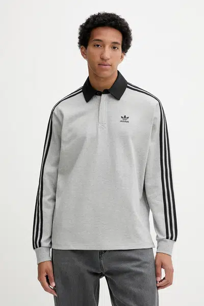 Bavlněné tričko s dlouhým rukávem adidas Originals Rugby Polo šedá barva, s aplikací, JY1399
