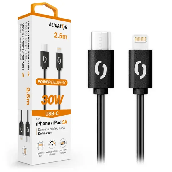 Datový kabel Aligator Power 30W, USB-C/Lightning 3A, 2,5m černá