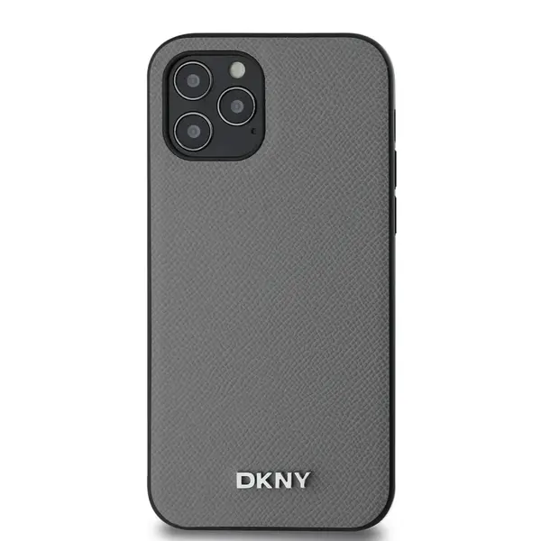 Zadní kryt DKNY PU Leather Silver Metal Logo Magsafe pro Apple iPhone 12/12 Pro, šedá
