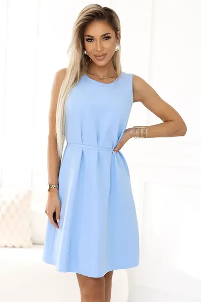296-12 VICTORIA Sleeveless trapeze dress with a belt – a classic in a modern version - light blue