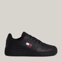 Tommy Hilfiger Men's Brand Logo Leather Top Rubber Outsole Black Sneakers Suitable for Casual Use