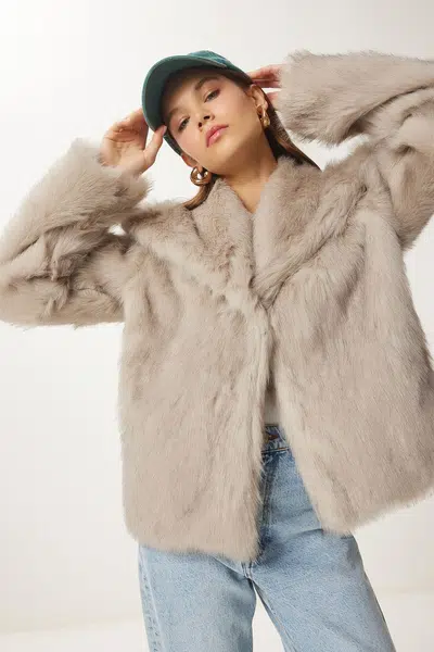 Happiness İstanbul Women&#039;s Mink Shawl Collar Lined Faux Für Jacket