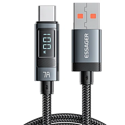 ESSAGER 100W 7A USB-A to Type-C Charging Cable Digital Display USB2.0 480Mbps with Velcro QC Protocol