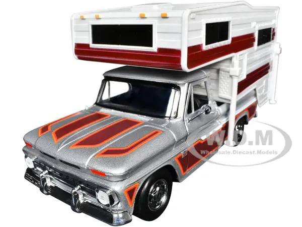 1966 Chevrolet C10 Fleetside Pickup Truck Silver Metallic with Brown Sides with Camper Shell "American Classics" Series 1/24 Diecast Model Car by Mot