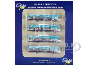 Cobus 3000 Passenger Bus White and Blue with Graphics "US Airways Shuttle Bus - Greener Transit" 4 Piece Set 1/400 Diecast Models by GeminiJets