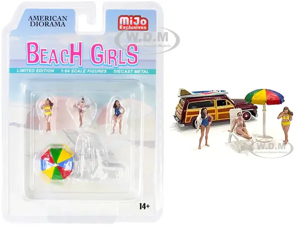 "Beach Girls" 5 piece Diecast Set (3 Figurines 1 Beach Chaise and 1 Beach Umbrella) for 1/64 Scale Models by American Diorama
