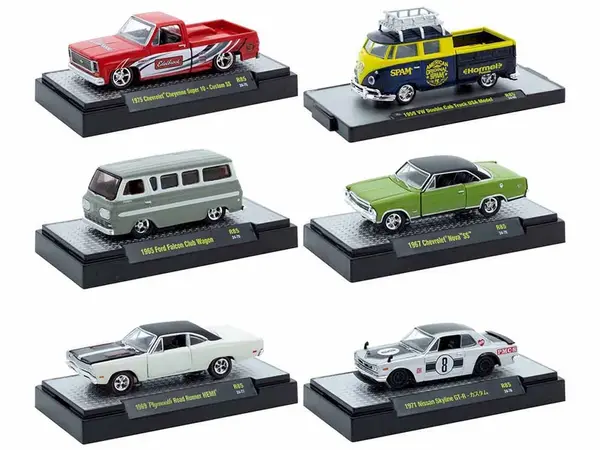 "Auto Meets" Set of 6 Cars IN DISPLAY CASES Release 85 Limited Edition 1/64 Diecast Model Cars by M2 Machines