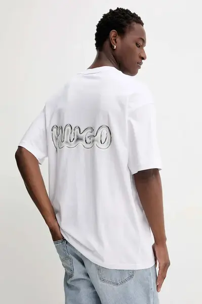 Bavlněné tričko Hugo Blue Nyrotee pánské, bílá barva, s potiskem, 50549769