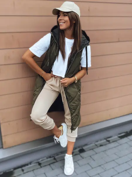Zelená dámska dlhá prešívaná vesta s kapucňou Dstreet