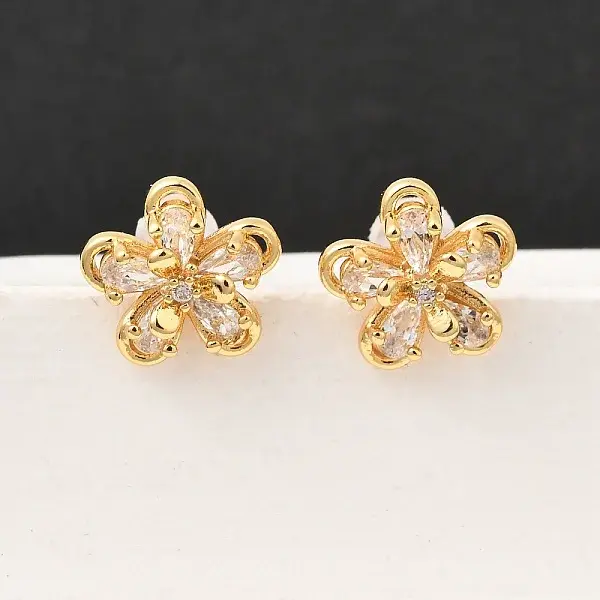 Brass Micro Pave Clear Cubic Zirconia Flower Stud Earrings