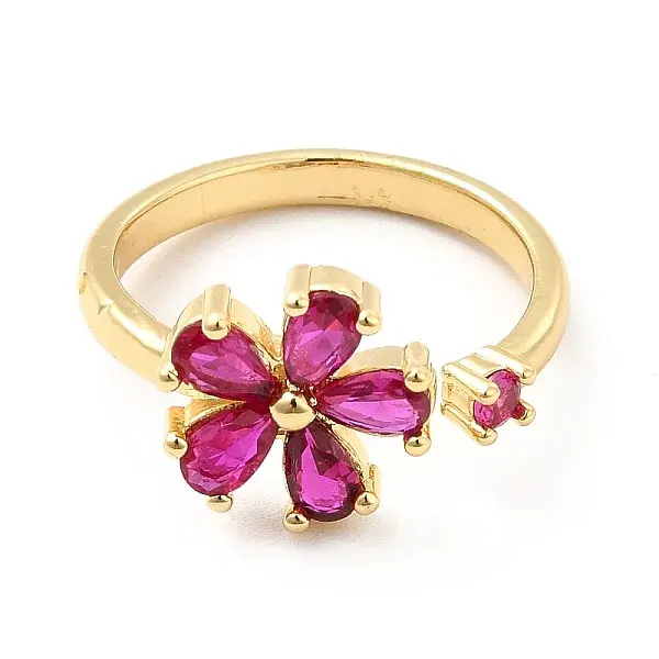 Cerise Cubic Zirconia Flower Open Cuff Ring