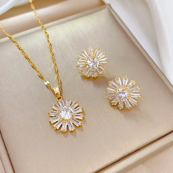 Brass Micro Pave Cubic Zirconia Pendant Necklace & Stud Earrings