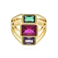 Colorful Cubic Zirconia Triple Rectangle Open Cuff Ring