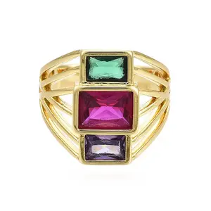 Colorful Cubic Zirconia Triple Rectangle Open Cuff Ring