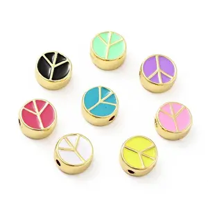 Flat Round with Peace Sign Brass Enamel Beads