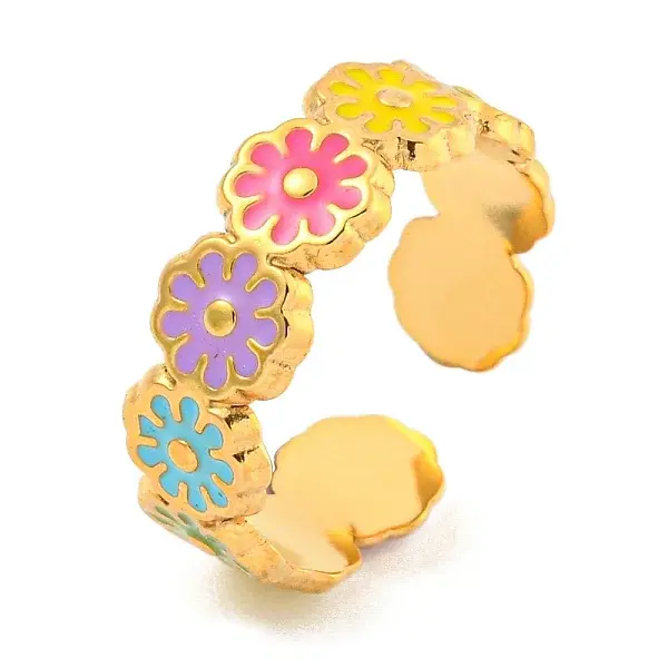 Daisy 304 Stainless Steel Enamel Open Cuff Ring for Women