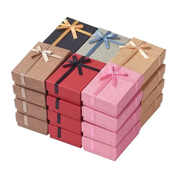 Kraft Cotton Filled Rectangle Cardboard Jewelry Set Boxes with Bowknot