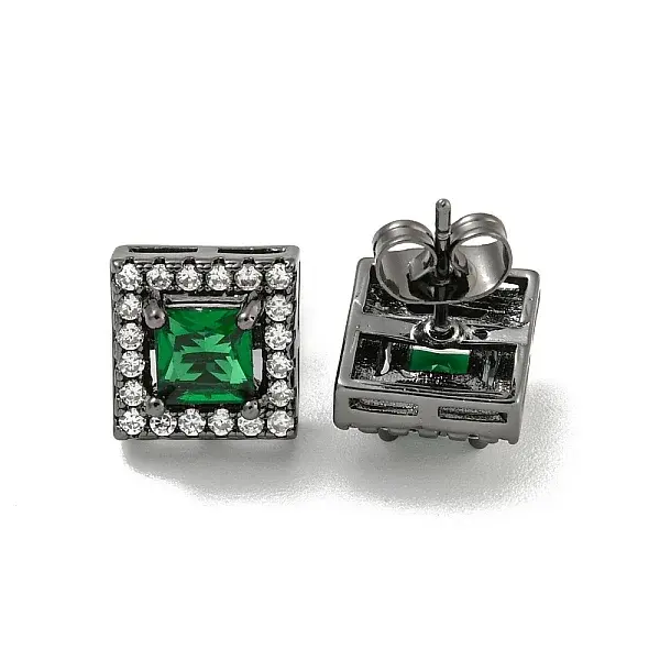 Square Brass Micro Pave Clear Cubic Zirconia Stud Earrings