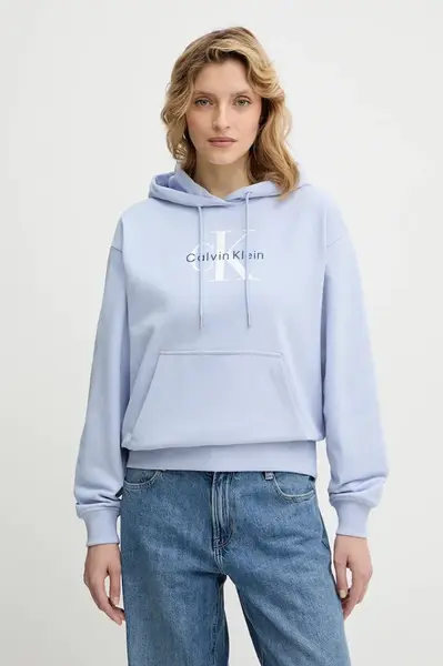Mikina Calvin Klein Jeans dámská, modrá barva, s kapucí, hladká, LV047E221G