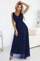637-3 Long evening dress with a brocade accent and a deep neckline - navy blue