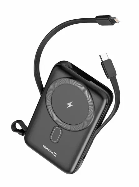 Swissten Power Bank 10000 mAh PD 22,5W s integrovanými kabely USB-C / Lightning (kompatibilní s MagSafe)