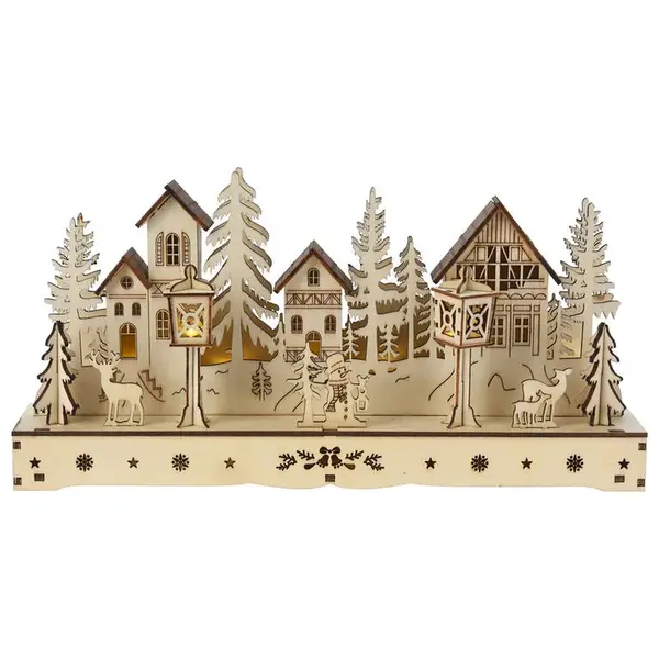 Dřevěná dekorace VESNICE s LED 30 cm, přírodní