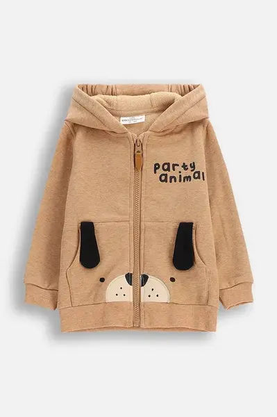 Kojenecká mikina Coccodrillo hnědá barva, s kapucí, s aplikací, BUDDIES BOY NEWBORN