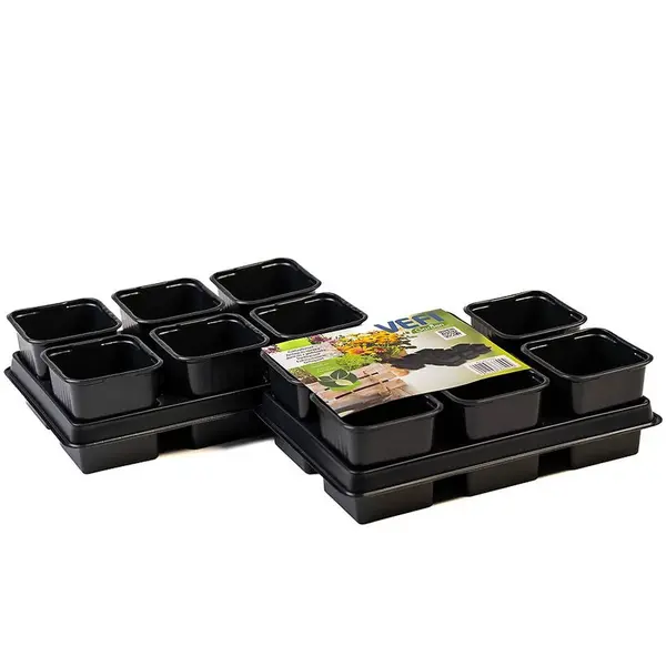 Dvojdielna sada - 12 ks kvetináčov na sadenice 8 cm  + 2 podmisky čierna