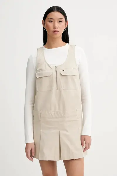 Bavlněné šaty Tommy Jeans béžová barva, mini, DW0DW21949